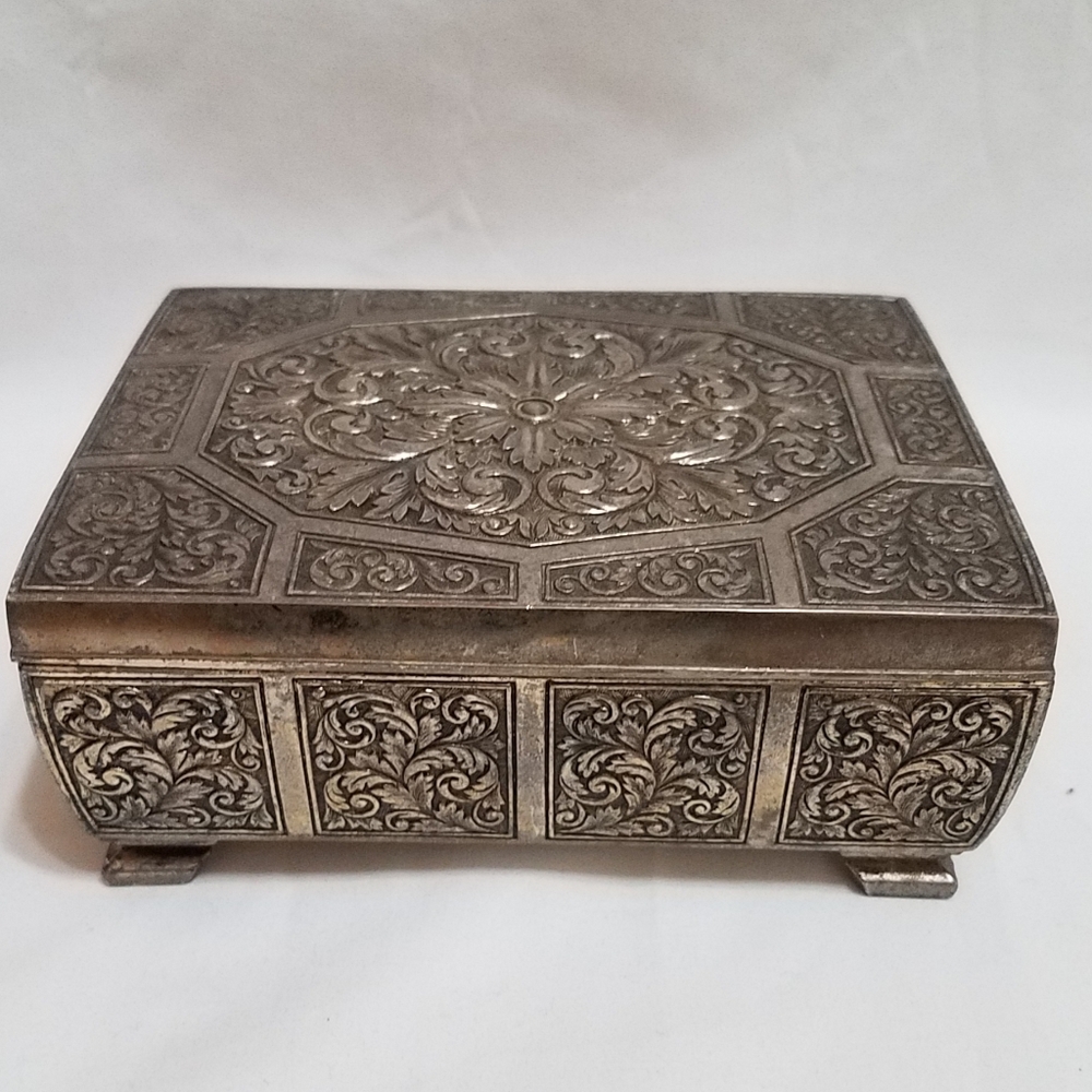 Vtg Footed Embossed Silver Jewelry Box